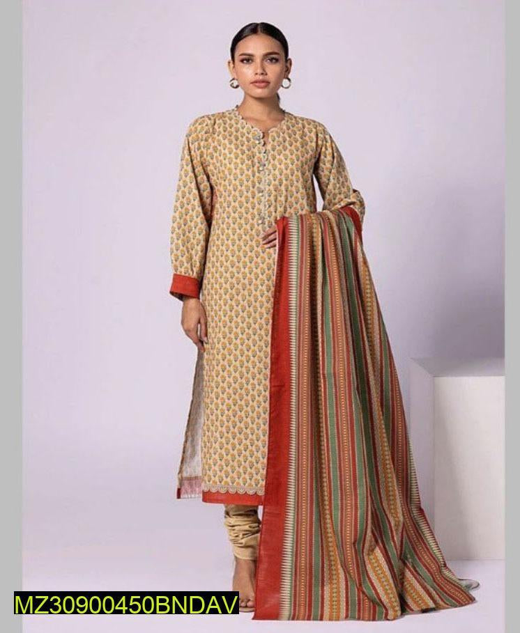 3 Pcs Women's Unstitched Karandi Printed Suit